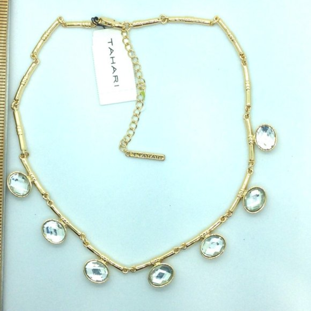 Tahari CRYSTAL Fashion Necklace in Gold tone bridal wedding‎ prom NWT 18"